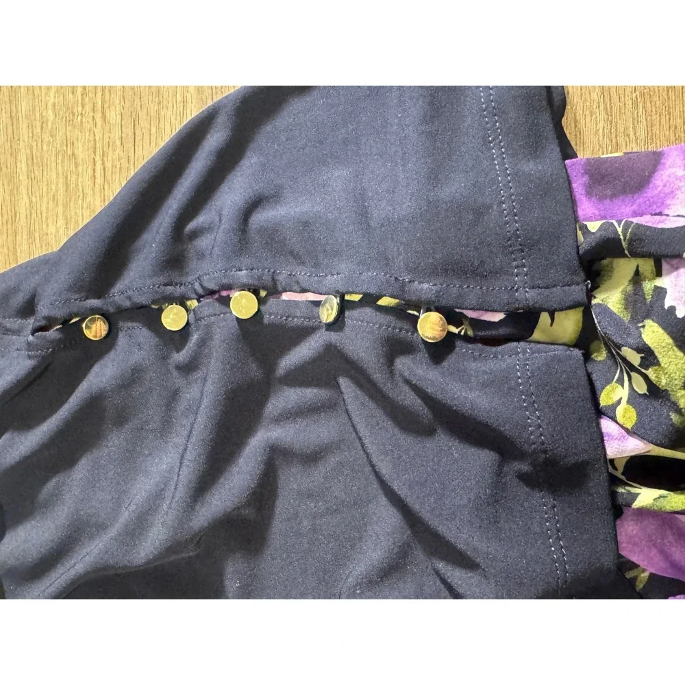 Susan Graver Navy Blue Floral Trim Long Sleeve Top Gold Button Detail Large